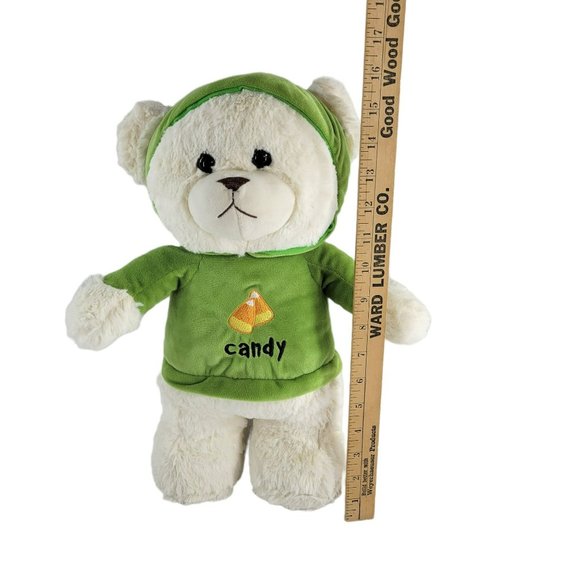 KellyToy 16" White Teddy Bear Plush w Candy Corn Green Velour Hoodie October Fal - Picture 1 of 4